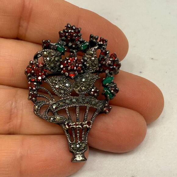 Vintage Sterling Brooch Pendant Flower Basket Marcasite-Garnet-Green Quartz Pin - Picture 13 of 15